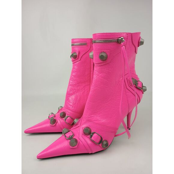 Balenciaga Women's Fluo Pink Cagole Leather Pointed Toe Ankle Boots Size 37 EU - Picture 2 of 8